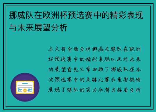 挪威队在欧洲杯预选赛中的精彩表现与未来展望分析