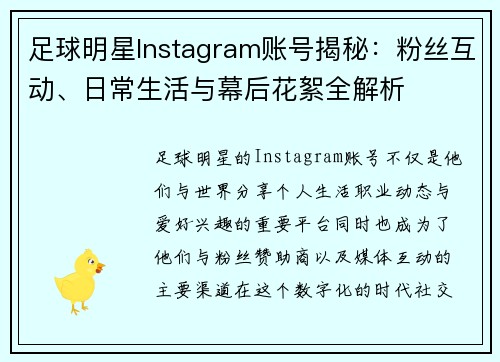足球明星Instagram账号揭秘：粉丝互动、日常生活与幕后花絮全解析