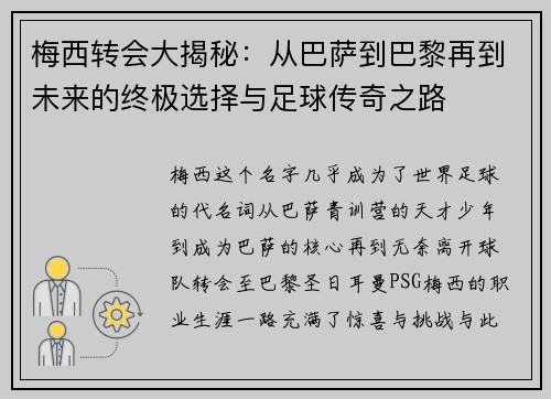 梅西转会大揭秘：从巴萨到巴黎再到未来的终极选择与足球传奇之路